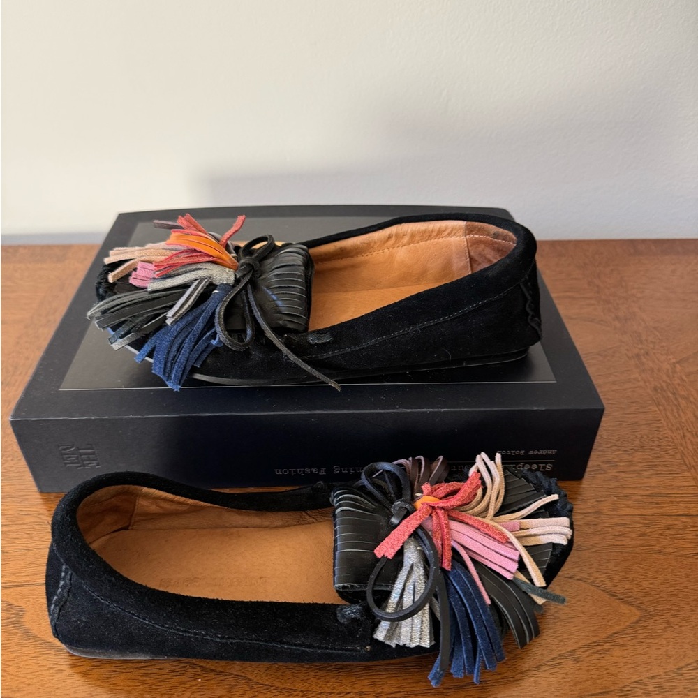 Isabel Marant Etoile Black Suede Moccasins with Multicolor Fringe
